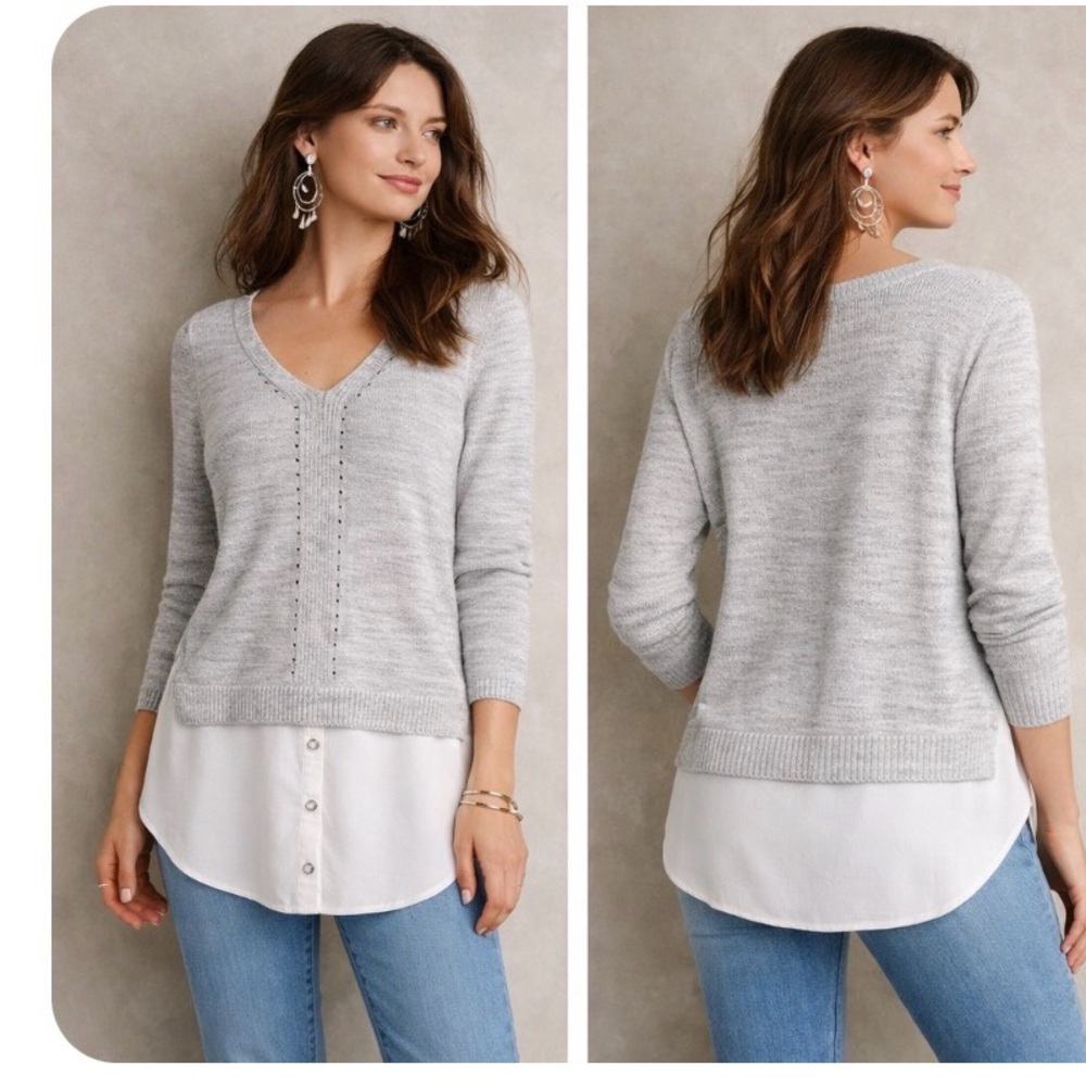 Moth Anthropologie Aselin Layered Gray White Preppy Twofer Knit Sweater